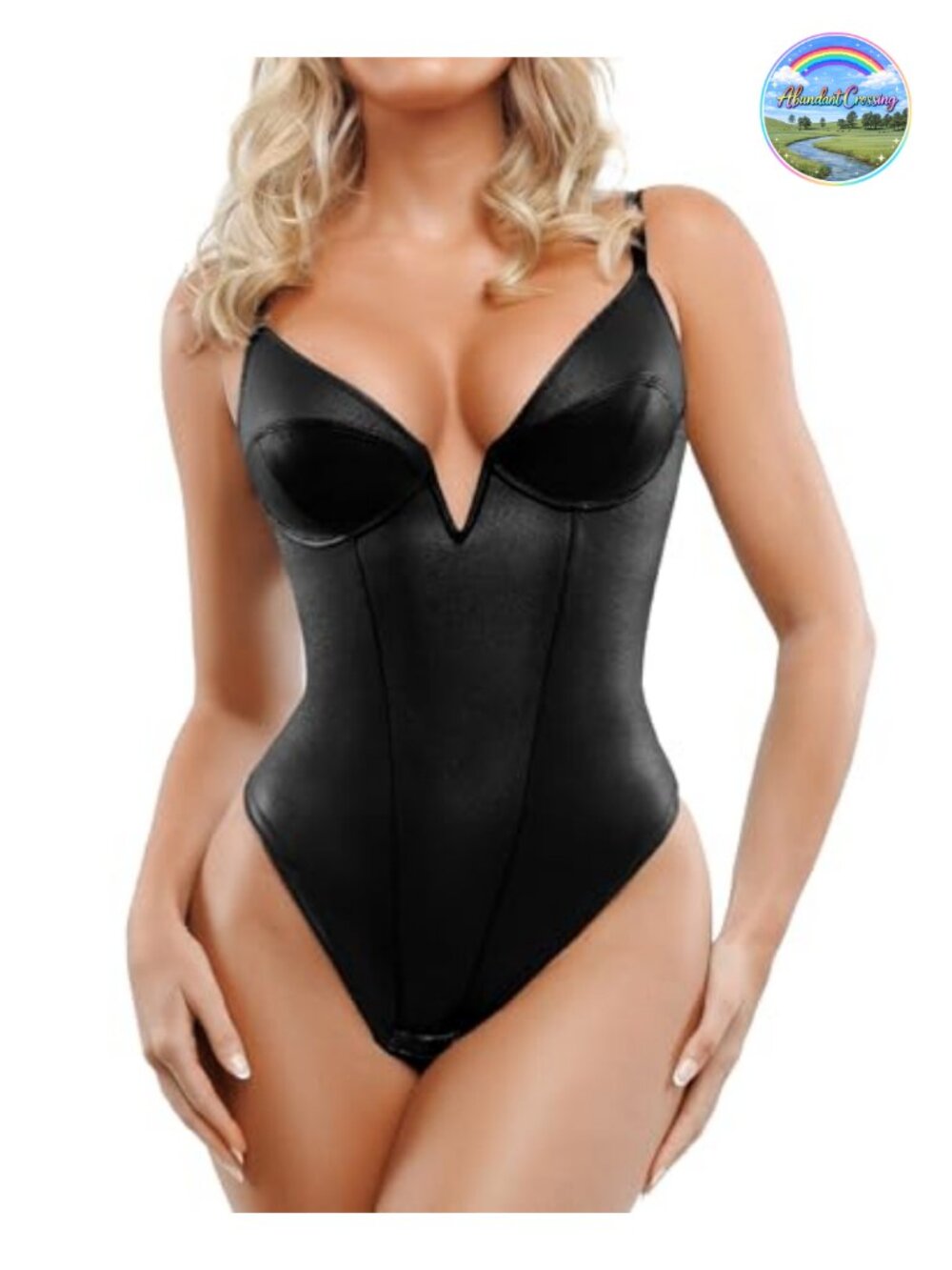 Faux Leather Tummy Control Bodysuit V-Neck Thong Shapewear